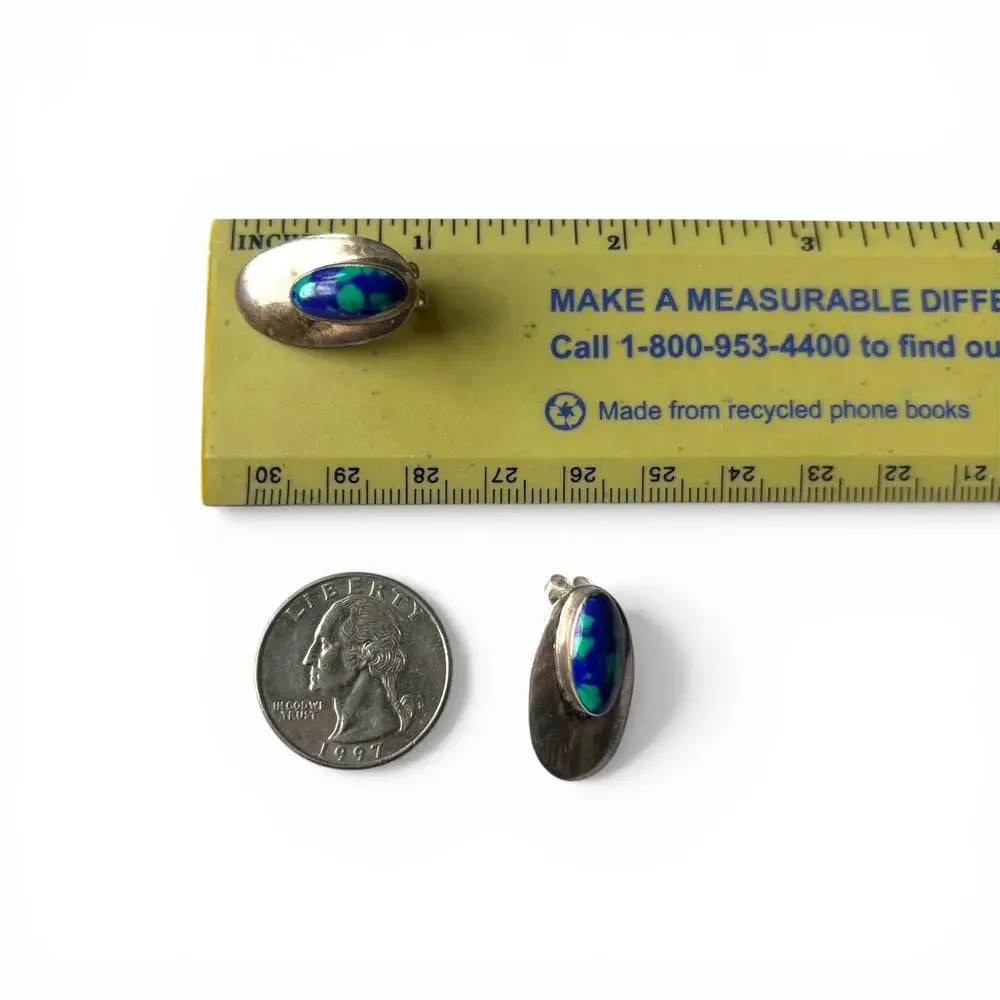VTG Block Azurite Malachite Oval Earrings Sterling Silver 925 Studs - Tarnished - Picture 4 of 4